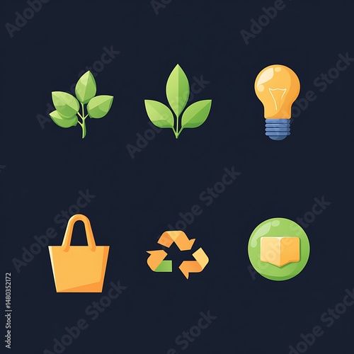 Eco-Friendly Concept Collection: A vibrant illustration showcases a collection of eco-conscious symbols and elements, representing sustainable living and environmental preservation.