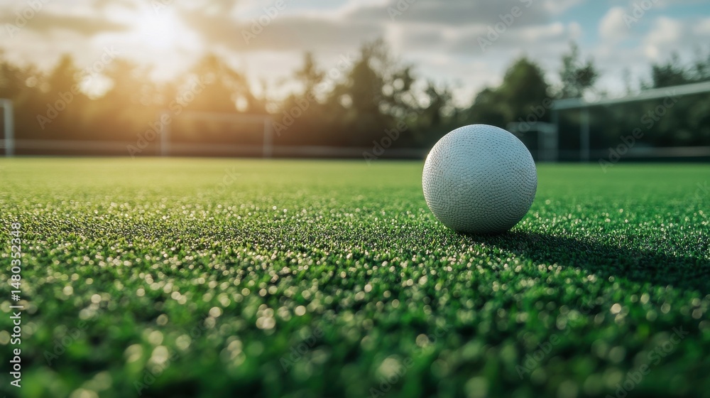 A close-up view of a white ball resting on vibrant green turf during sunset, capturing a serene sporting atmosphere. A close-up view of a white ball resting on vibrant green turf during sunset, capturing a serene sporting atmosphere.