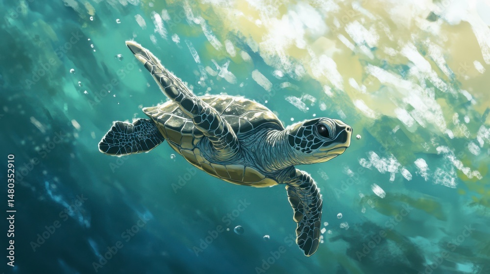 Fototapeta premium A baby sea turtle making its first swim in the open ocean after hatching.