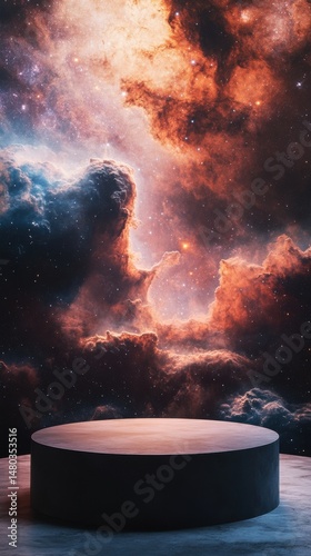 A vivid cosmic scene with a round platform in the foreground amidst colorful nebulae and stars.
