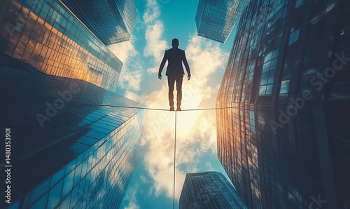 A bold person confidently walks across a tightrope high above a cityscape, embodying the spirit of risk-taking and ambition. It captures the essence of courage, determination.