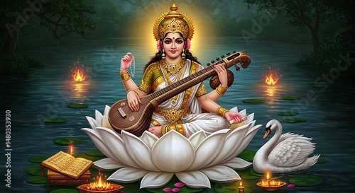Saraswati Playing Veena on Lotus