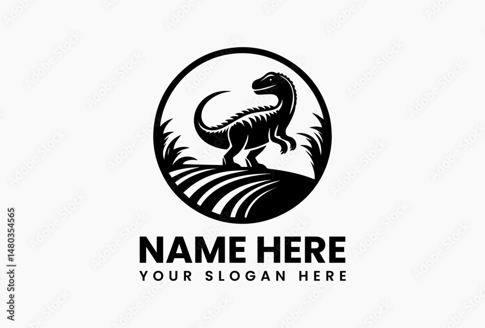 Naklejka premium Playful black dinosaur silhouette with sharp teeth and dynamic curved lines isolated on white background. Childrens illustration concept