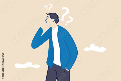 Skeptical, distrust or questioning about business deal, thinking to make decision, doubtful or confusion concept, businessman with suspicious gesture thinking about things with question mark signs.