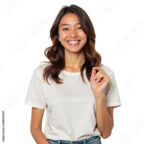 Portrait of a beautiful smiling asian woman wearing a white t-shirt and smiling