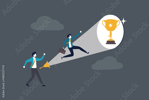 Mentorship or manager support employee finding career success, help and guide to discover potential and reach achievement concept, boss using flashlight to light path help reaching success trophy.