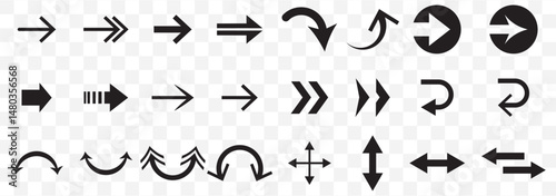 Set black arrows for web design. Arrows vector icon. Arrow icon. Set of big black vector arrows. Cursor, Click. Arrow icon pack on Transparent Background. EPS 10.