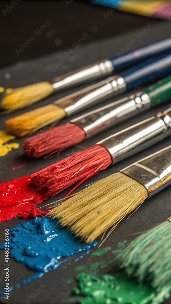 Obraz premium A visually engaging scene featuring numerous paintbrushes holding a rainbow of colors, complemented by corresponding paint marks and splatters, indicative of a creative painting process.