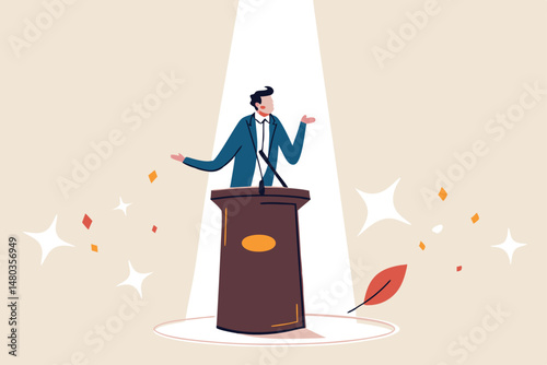 Public speaking skill, confident, charisma, hand gesture, voice and expression to win the audience concept, confidence businessman speaking in public on stage with podium, microphones, spotlight on.
