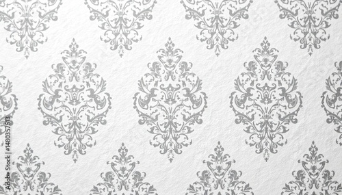 Subtle grey damask pattern on white linen texture background, style, monochrome, interior