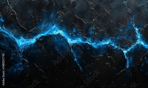 A captivating glowing blue crack in a dark textured stone. The glowing cracks look like the lightning bolt and add the texture on the stone