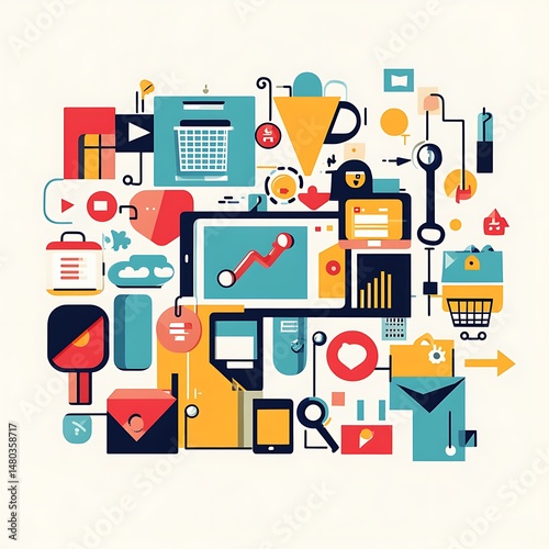 Digital Ecosystem: A vibrant illustration showcases a network of digital icons, symbolizing connectivity and the interconnected nature of information flow in the digital age. 
