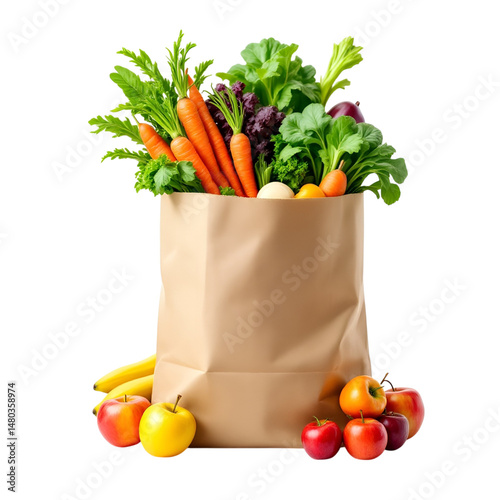 A paper grocery bag filled with fresh, healthy food items such as vegetables, fruits, and bread, isolated on a transparent background