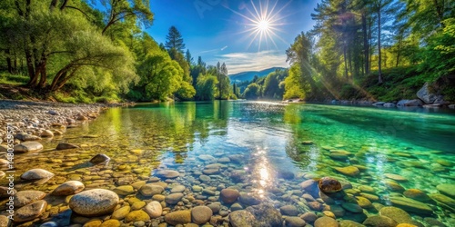 serene river scene with clear water surrounded by pebbles and shiny rocks under the warm sunlight filtering through between turquoise and green hues , landscape, sunny day