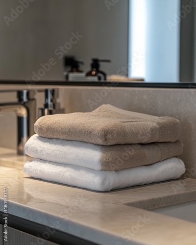 Neatly stacked bath towels in soft hues of beige and white, enhancing the calm bathroom ambiance.