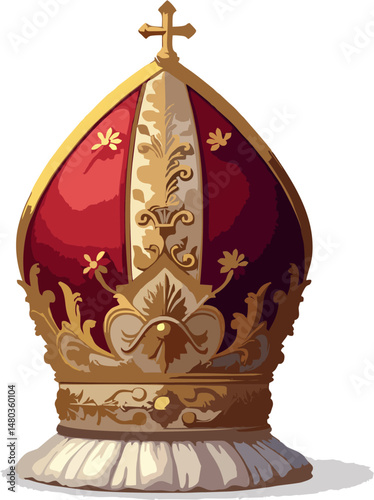Elegant Papal Mitre Vector Illustration – Red and Gold Bishop Hat with Floral Baroque Embellishments and Fabric Trim