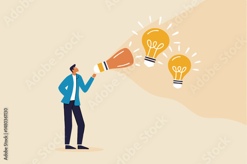 Creativity to create new business idea or solution for work problem, entrepreneurship to think about business concept, smart businessman blowing soap bubble into innovation bright light bulb ideas.