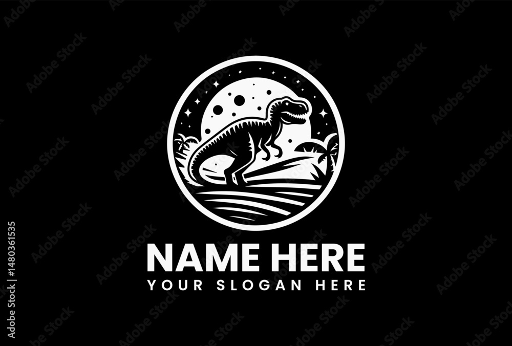 Fototapeta premium Playful black silhouette of a stylized dinosaur with sharp teeth and dynamic curved lines surrounding it on a white background. Children's illustration concept