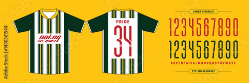 Pride 34: Sporty White and Green Jersey Kit Template Bold number and alphabet design for team logos, athletic merch, and custom uniforms. Perfect for football basketball, and esports branding.