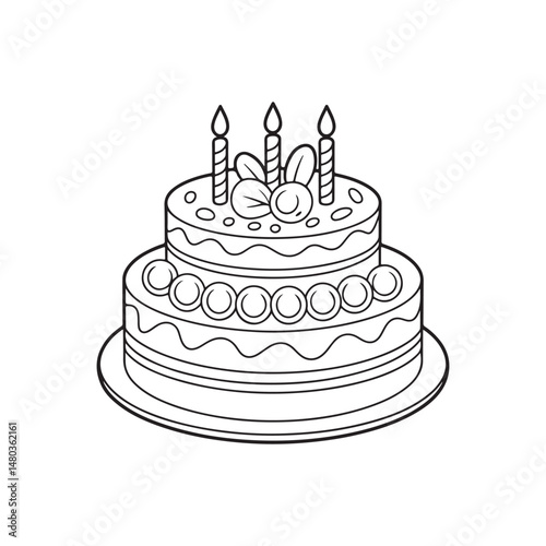 A detailed sketch of a birthday cake with candles, decorations, and icing.