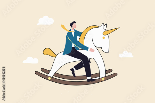 Unicorn start up, winner creative idea to earn money and make profit in real life concept, smart success businessman company founder or billionaire investor riding unicorn rocking horse into the sky.