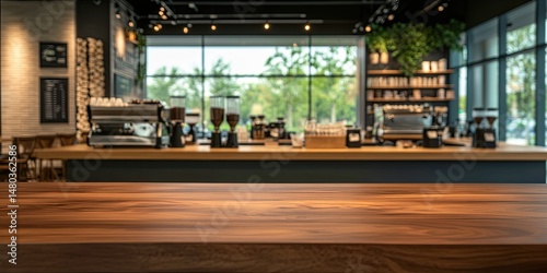 Wallpaper Mural Empty wooden counter in a modern cafe, overlooking a green landscape Torontodigital.ca