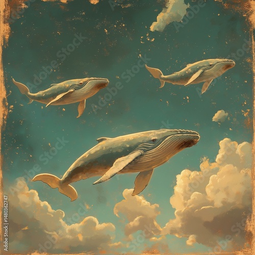 Three majestic whales soar through a surreal skyscape filled with fluffy clouds, evoking a sense of wonder and fantasy in this dreamlike art illustration.