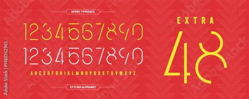 Extra 48: Red sport jersey template with bold striped patterns. Includes A-Z white-yellow characters and numbers for a standout style.