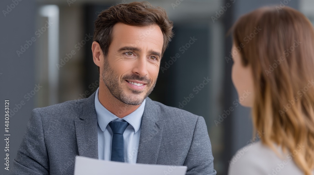 Man Smiling During Business Meeting with Documents Man Smiling During Business Meeting with Documents