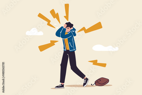 Customer pain points, business idea to create product to solve problem or better user experience concept, upset frustrated user or customer with multiple arrows pointing to problem points.