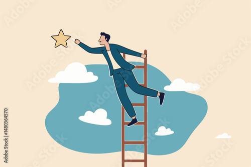 Business opportunity, ladder of success or aspiration to achieve business goal concept, ambitious businessman climbing ladder to the the top and reaching for the shining star.