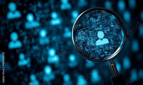 A magnifying glass focuses on a single human icon amidst a sea of blurred icons, highlighting the concept of individual attention and data-driven insights in a modern digital landscape.
