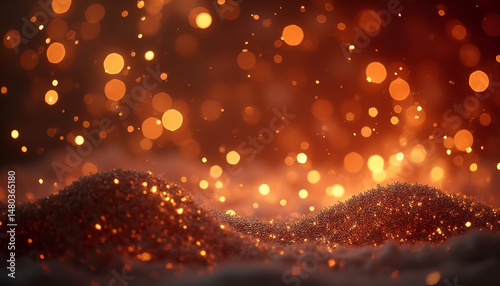 Golden glitter and streamer against black background. Space for text