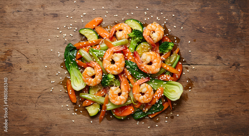 Delicious Shrimp Stir Fry With Fresh Vegetables on Wooden Background