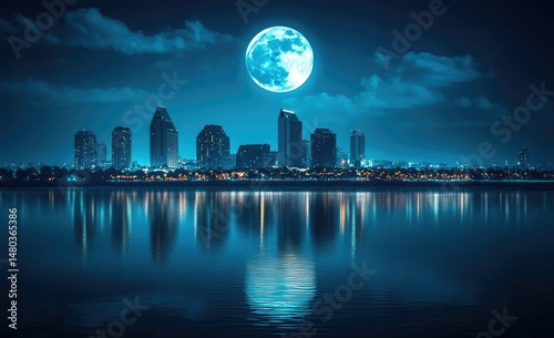 Cityscape at night under a full moon