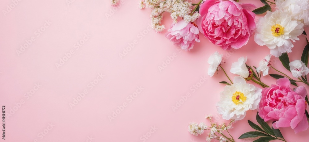 Pink and White Peonies Floral Arrangement on Pink Background