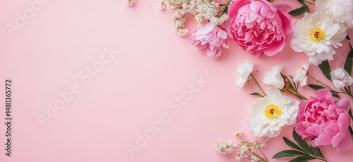 Pink and White Peonies Floral Arrangement on Pink Background