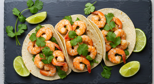 Delicious Shrimp Tacos Topped With Fresh Cilantro And Lime On Dark Stone