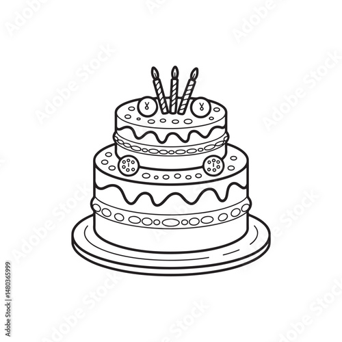 A detailed sketch of a birthday cake with candles, decorations, and icing.