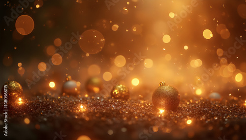 Golden glitter and streamer against black background. Space for text