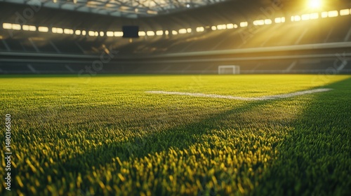 A vibrant green soccer field under warm sunlight, showcasing the grass and goalposts in a modern stadium.