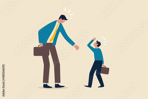 Complainer boss, angry and furious on work failure criticism, underperform employee or conflict in work concept, big boss businessman furious, mad complaining, shouting to sad underperform employee.