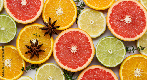 Variety Of Citrus Slices With Star Anise On White Background