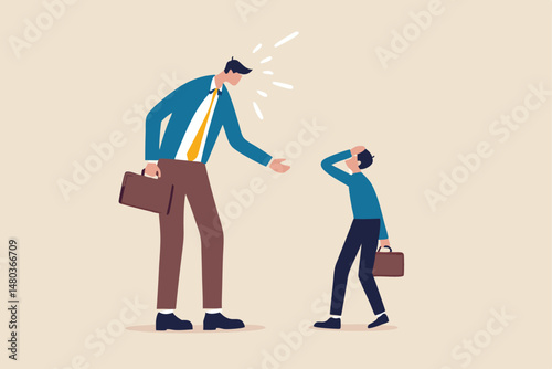 Complainer boss, angry and furious on work failure criticism, underperform employee or conflict in work concept, big boss businessman furious, mad complaining, shouting to sad underperform employee.