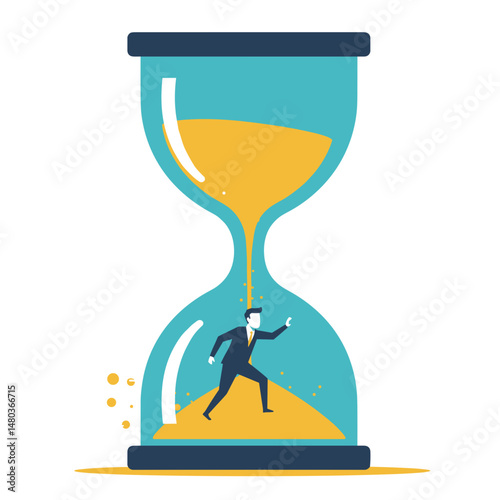 Businessman running inside hourglass representing time management  