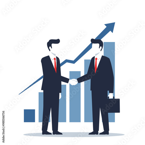 Two businessmen shaking hands with upward graph in background  