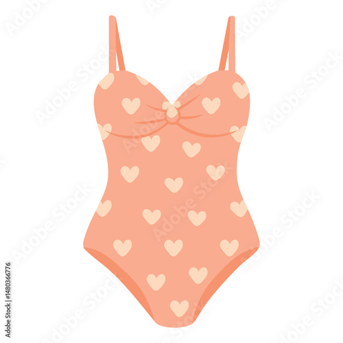 Cute peach one-piece swimsuit with heart print and gathered top for summer beach designs.