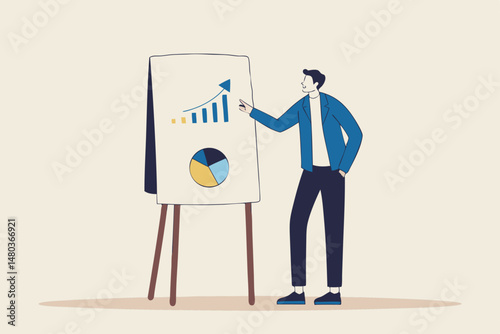 Business presentation, professional speaker to present work progress or investment portfolio concept, smart businessman present business analysis report on whiteboard in company meeting or conference.