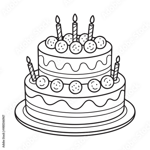 A detailed sketch of a birthday cake with candles, decorations, and icing.