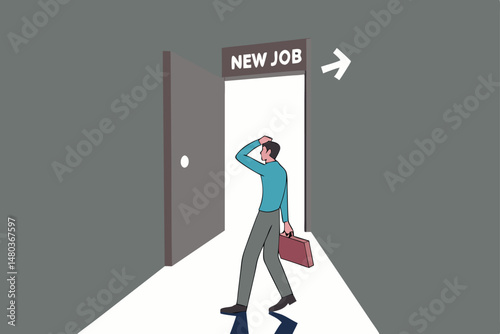 New job challenge, make decision for new opportunity in work or career development concept, businessman thinking and make decision to exit bright future opening door with sign on top as New Job.
